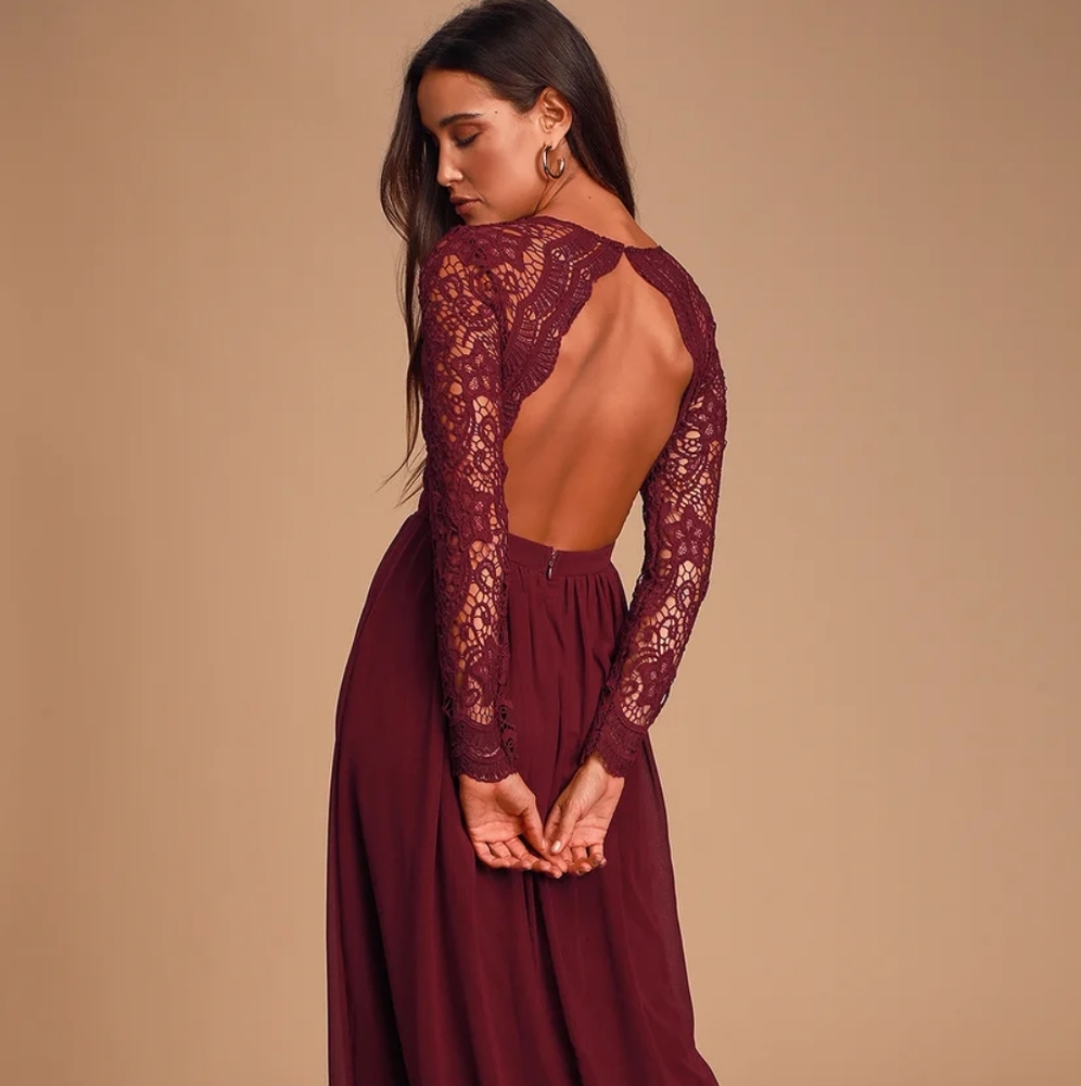 Awaken My Love Burgundy Long Sleeve Lace Maxi Dres